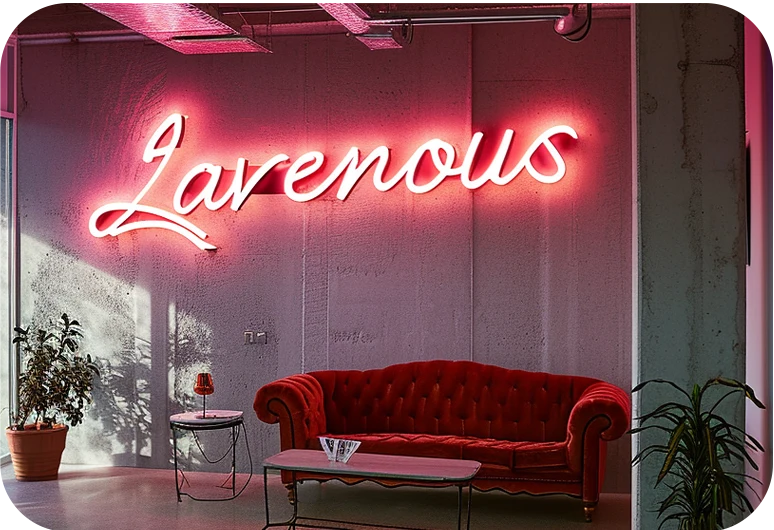 family room with a red couch and a neon sign with the word Lavenous